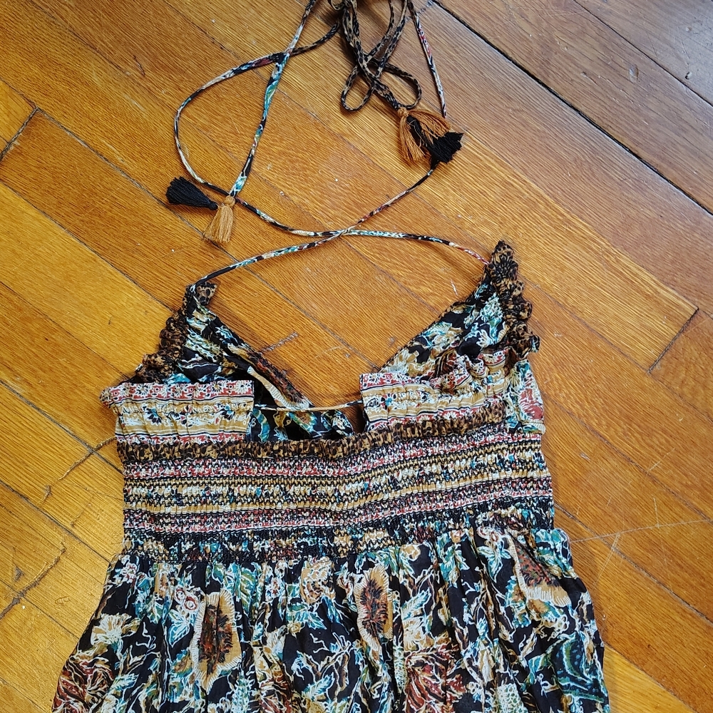 Free People Real Love Strappy Boho Brown Floral Maxi Halter Dress Small Pockets - Picture 7 of 14
